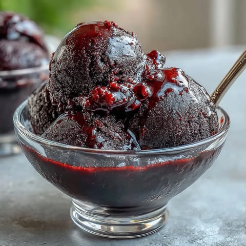 A vibrant black currant sorbet with deep purple hues, served in chilled bowls with fresh mint garnish.