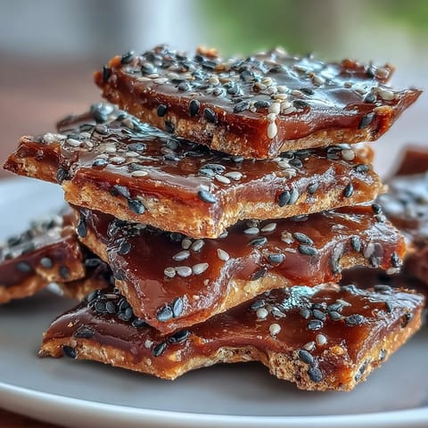 Crunchy black sesame brittle with toasted seeds in golden caramel, perfect for snacking or dessert topping.  