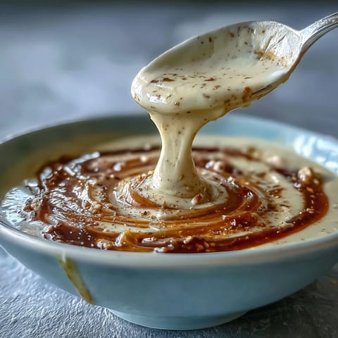 Creamy tahini dressing with lemon and garlic, drizzled over a vibrant green salad in a white bowl.