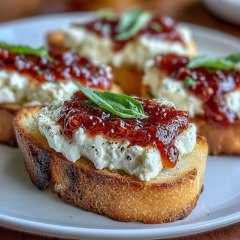 Crispy toasted baguette topped with creamy goat cheese and sweet-spicy chili jam, garnished with fresh basil leaves for a vibrant appetizer.