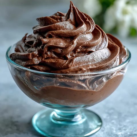 Velvety chocolate mousse with deep cocoa flavor, ready to fill cakes or spoon into dessert cups for a luxurious treat.  
