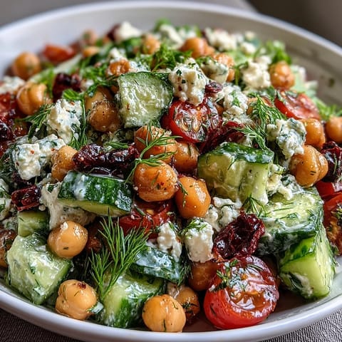 Fresh and colorful chickpea cucumber salad with feta and tomatoes, tossed in a bright lemon vinaigrette.  