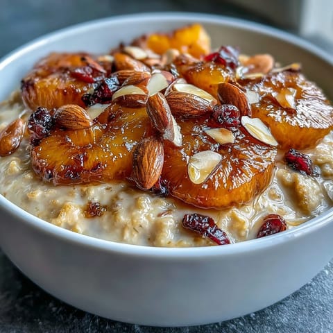Warm bowl of candied orange oatmeal topped with tart cranberries and crunchy toasted almonds, drizzled with honey for a cozy breakfast.