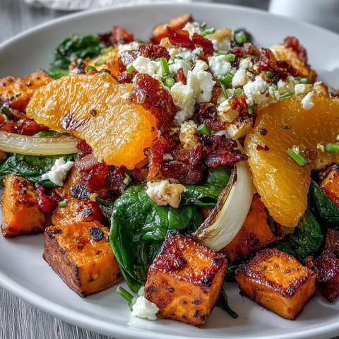 Colorful sheet pan breakfast featuring sweet potatoes, oranges, spinach, and bell peppers for a hearty morning meal.  