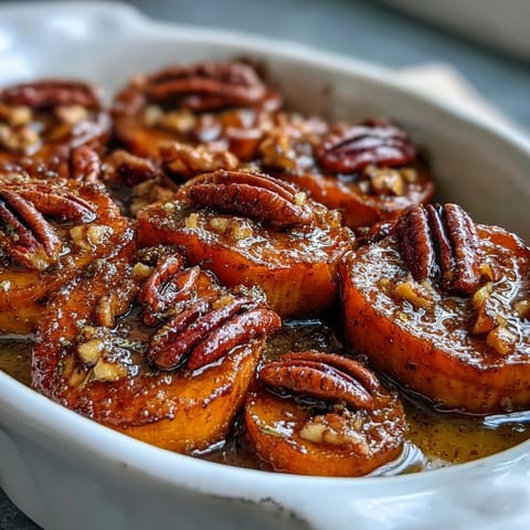 Candied yams with toasted pecans in a buttery brown sugar glaze, baked until tender and fragrant.