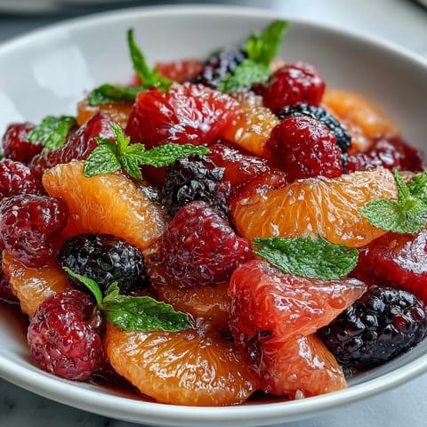 A colorful spring fruit salad with citrus segments, berries, and fresh mint, perfect for a light and refreshing dessert.  