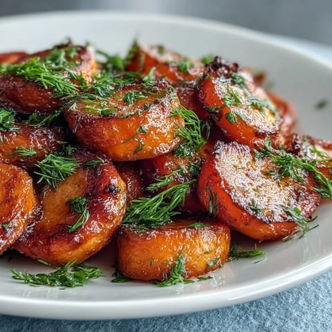 A vibrant dish of tender carrots glazed with orange honey sauce and garnished with fresh dill sprigs.  