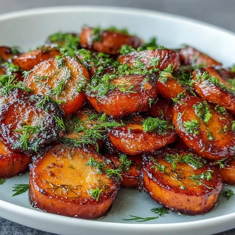 Glazed carrots with citrus honey sauce and aromatic dill, served as a bright and flavorful side dish.  