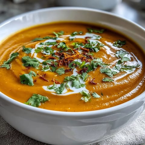 Creamy carrot and orange soup with ginger and coconut milk, garnished with fresh coriander and orange zest.  