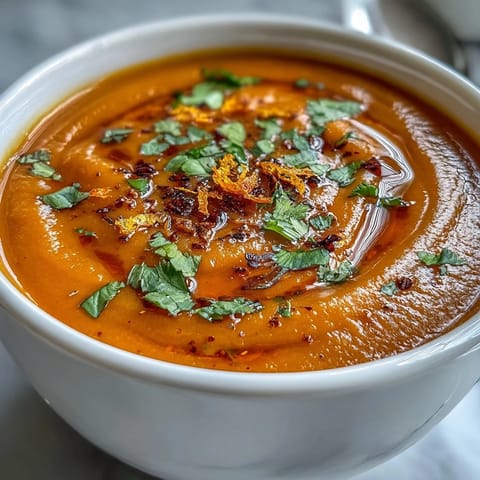 A vibrant bowl of carrot and orange soup, rich with ginger and silky coconut milk, perfect for a light lunch.  