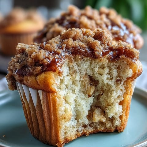 Sourdough discard banana muffins with cinnamon streusel topping, golden and fragrant, perfect for a cozy breakfast treat.  