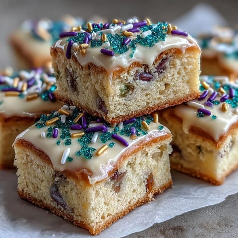 Vibrant King Cake sugar cookie bars topped with purple, green, and gold sprinkles for festive Mardi Gras gatherings.  