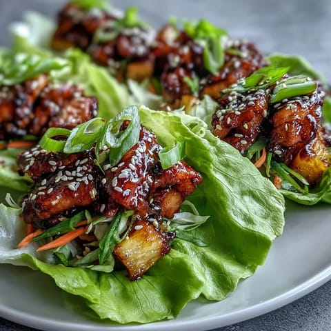 Juicy teriyaki chicken and sweet pineapple wrapped in crisp lettuce leaves with fresh vegetables.  