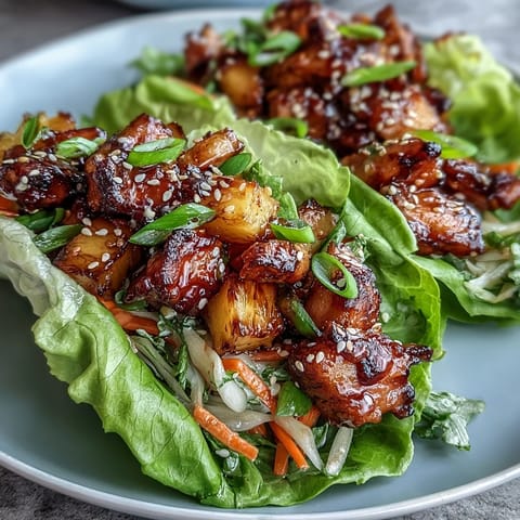 Asian-inspired teriyaki chicken pineapple lettuce wraps with crunchy vegetables and aromatic herbs.  