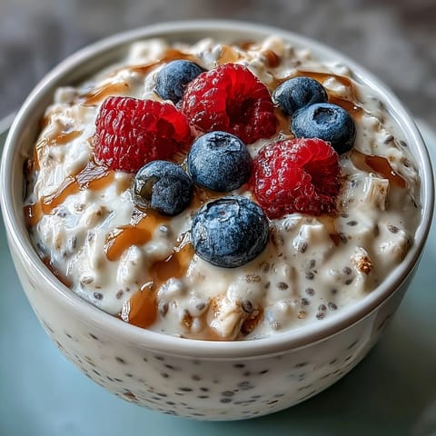 Fluffy Yogurt Chia Pudding with Vanilla Bean topped with fresh berries and toasted coconut flakes in a glass bowl.
