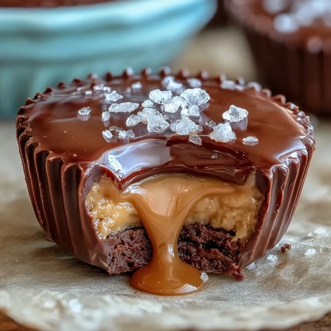 Decadent salted caramel peanut butter cups with rich chocolate and flaky sea salt topping.
