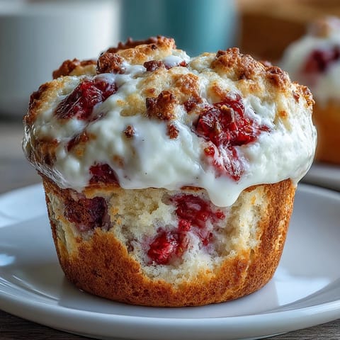 Wholesome strawberry Greek yogurt muffins packed with fresh berries, offering a moist and tender crumb.  