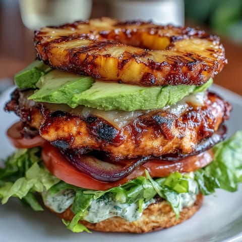 Grilled chicken pineapple burger stacks with juicy chicken, caramelized pineapple, and crisp vegetables layered high.  