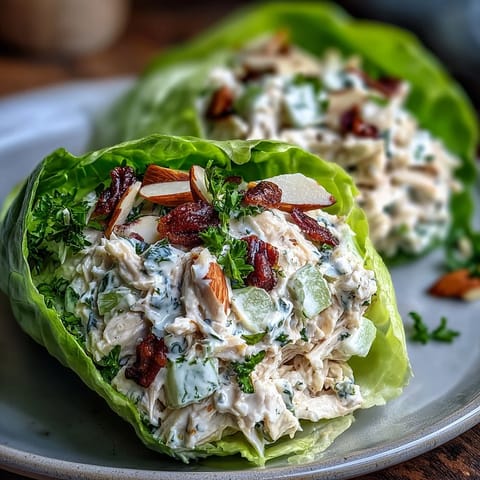 Healthy Easy Chicken Salad Lettuce Wraps in a bowl with fresh vegetables and crisp lettuce leaves, ready to serve.  