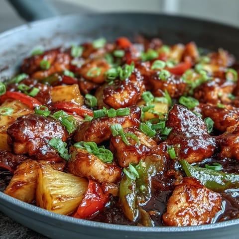 Sweet and sour chicken pineapple skillet with tender chicken, bell peppers, and juicy pineapple in a vibrant sauce, all cooked in one pan for a quick meal.