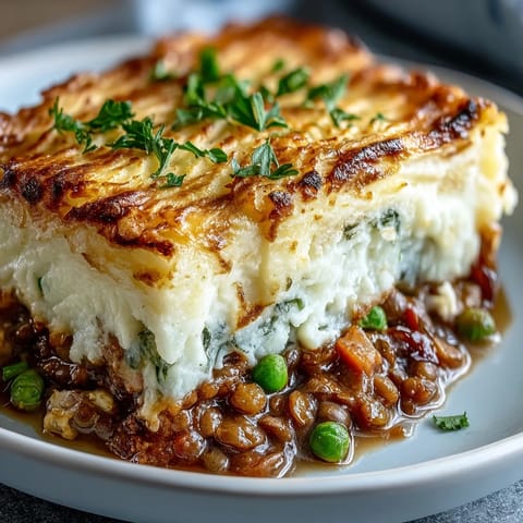 Hearty vegetarian Shepherds Pie with lentils and mushrooms, baked beneath golden mashed potatoes.  