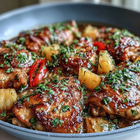Tropical-inspired chicken curry with juicy pineapple chunks, aromatic spices, and rich coconut sauce in a single skillet.  