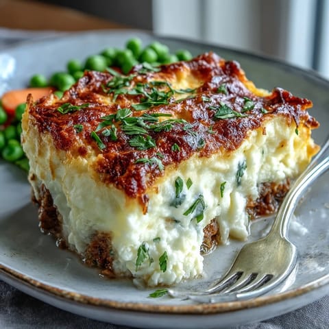 A comforting shepherds pie with savory ground lamb and vegetables beneath a creamy cauliflower mash topping.
