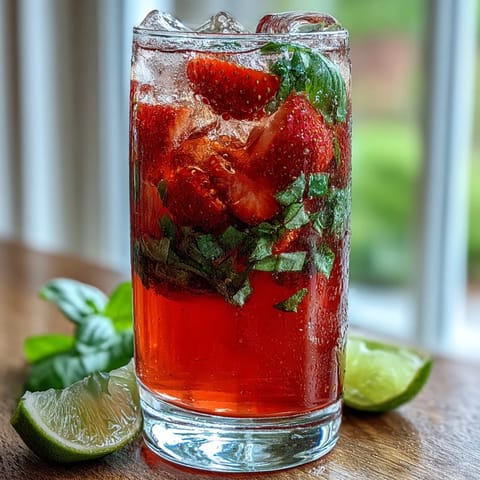 Refreshing strawberry basil lemonade in a clear pitcher with ice and lemon slices, perfect for summer gatherings.