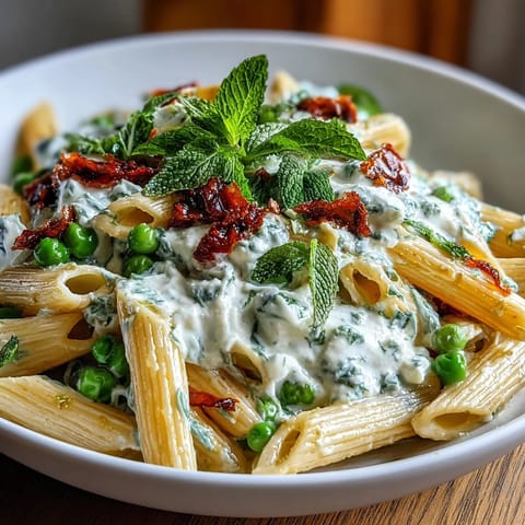 Fresh spring pasta with sweet peas, ricotta, and mint, garnished with grated Parmesan and black pepper.  