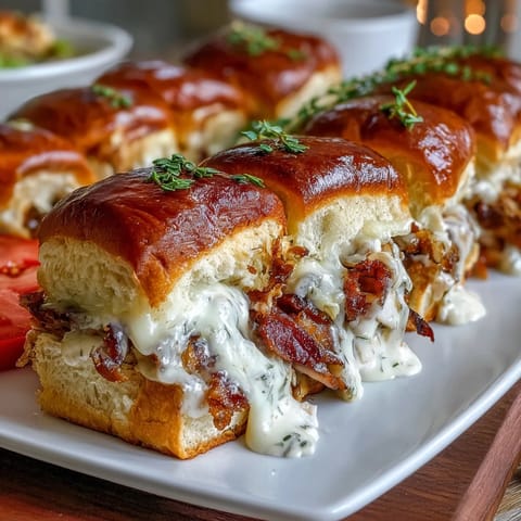 A tray of Derby Party Hot Brown Sliders on brioche buns, layered with turkey, bacon, and creamy Mornay sauce, golden and warm from the oven.