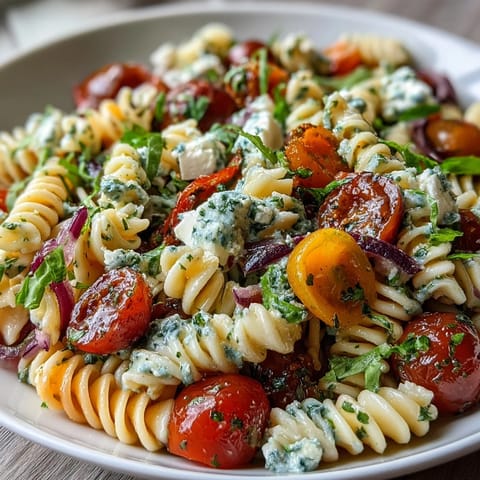 A vibrant pasta salad with fresh vegetables and Italian dressing, perfect for summer picnics and gatherings.