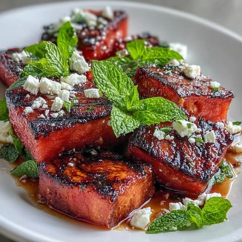 Grilled Watermelon Salad with Feta and Mint: juicy charred watermelon cubes, creamy feta, and fresh mint leaves on a platter.  
