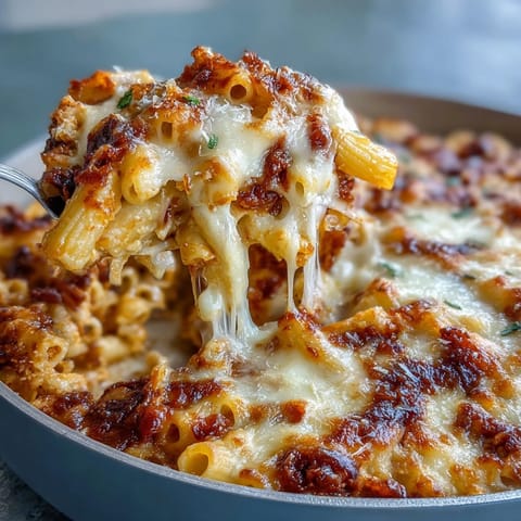 Creamy One-Pot Cheesy Pasta Bake with melted mozzarella and Parmesan baked to golden perfection in a rich tomato sauce.