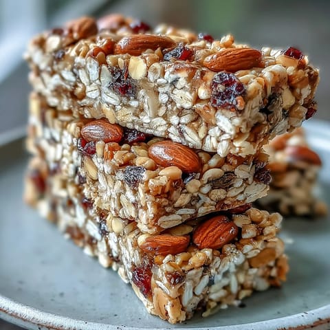 Chewy no-bake granola energy bars with oats, nuts, and dried fruit, perfect for a quick snack or outdoor adventure.  