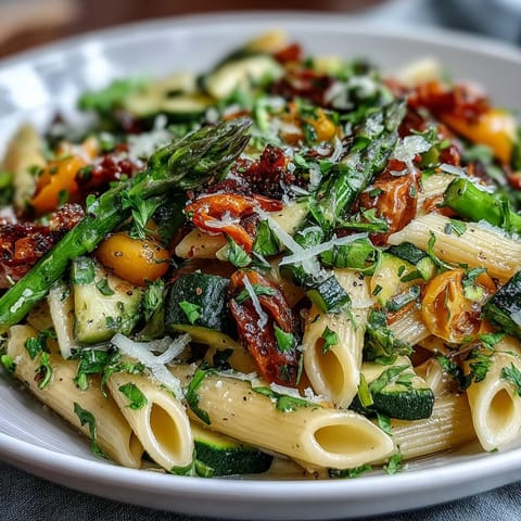 Fresh Spring Pasta Primavera bursting with colorful vegetables and herbs, perfect for a light vegetarian dinner.