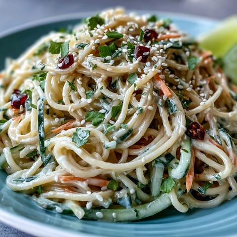 Cold Sesame Noodle Bowl with Cucumber: chilled wheat noodles in creamy sesame sauce, topped with crisp cucumber, carrots, and fresh herbs.  