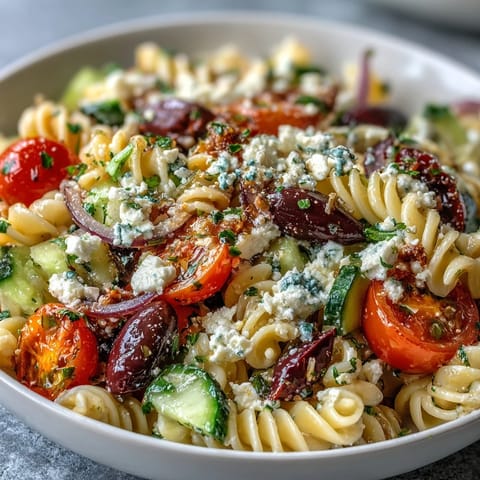 A vibrant Greek-style pasta salad with olives, feta, and fresh vegetables, perfect for summer gatherings.