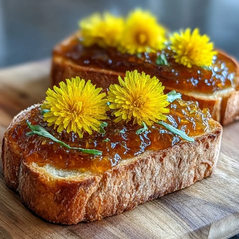 Vibrant golden dandelion jelly spread on a slice of buttered toast, its floral aroma and sweet flavor evoking springtime.