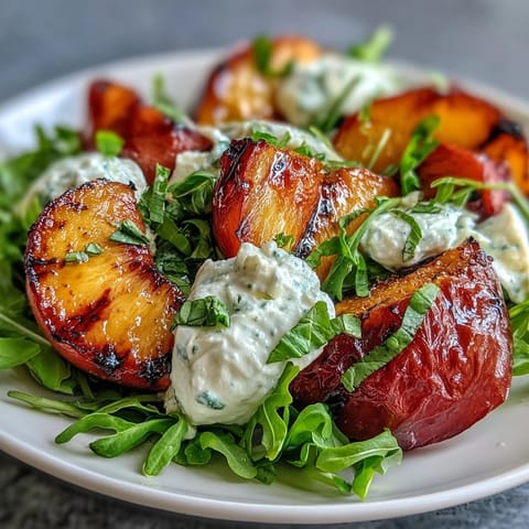 A colorful summer salad with grilled peaches, creamy burrata, and honey drizzle, served on fresh arugula.