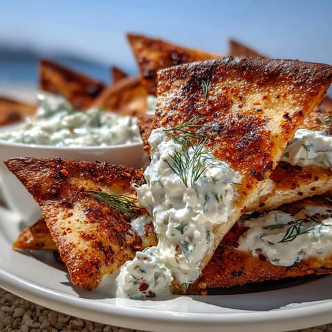 Homemade pita chips with tzatziki: golden triangles of crispy pita served with cool, creamy yogurt-cucumber dip.