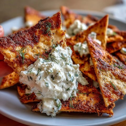 Crispy, golden pita chips paired with refreshing tzatziki dip — a perfect Mediterranean snack for any gathering.