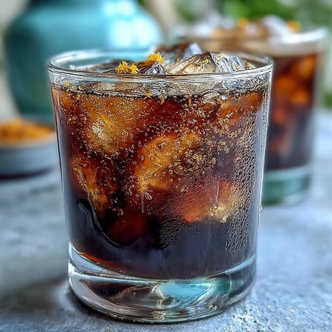 Sparkling cold brew coffee tonic adorned with fresh orange zest, ideal for brunch.