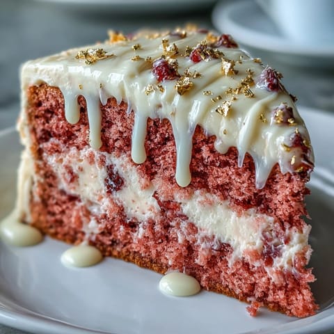 Elegant Rosè Velvet Cake, perfect for celebrations, frosted with cream cheese and gold accents.