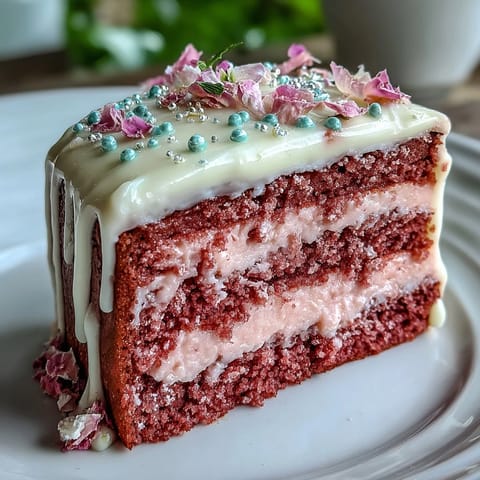 Beautiful Bridal Shower Rosé Velvet Cake with elegant shimmering gold drip.