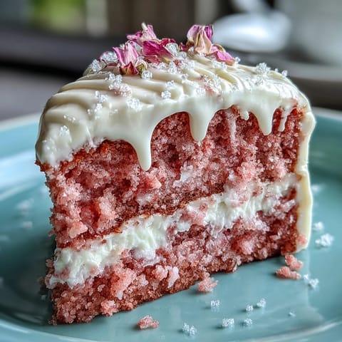 Moist pink rosé velvet cake with rich frosting, perfect for celebrations.