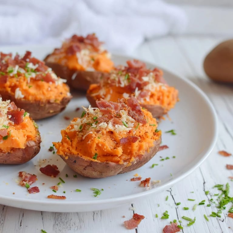 Perfectly plated Loaded Sweet Potato Skins: crispy potato skin, creamy filling, bacon, and chopped chives.