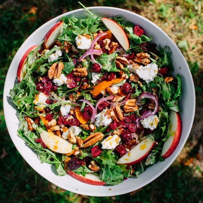 A close-up view of the Festive Cranberry and Walnut Celebration Salad, ready to be served.