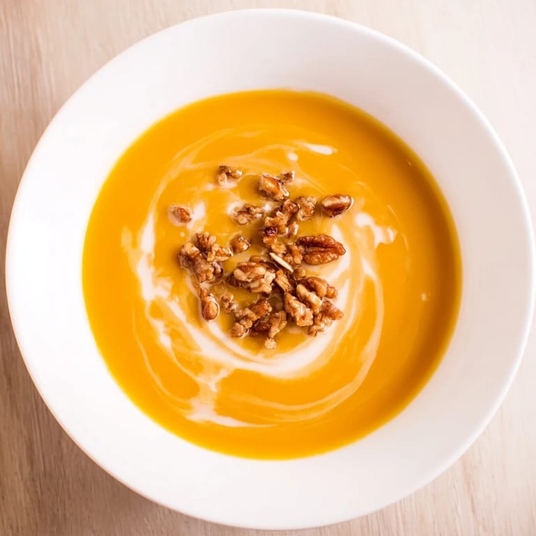 Golden-hued creamy roasted pumpkin soup, served with a swirl of cream and toasted pumpkin seeds.