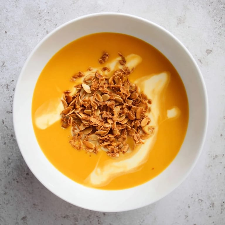 Enjoy a comforting bowl of creamy roasted pumpkin soup, a seasonal favorite with a topping of toasted seeds.
