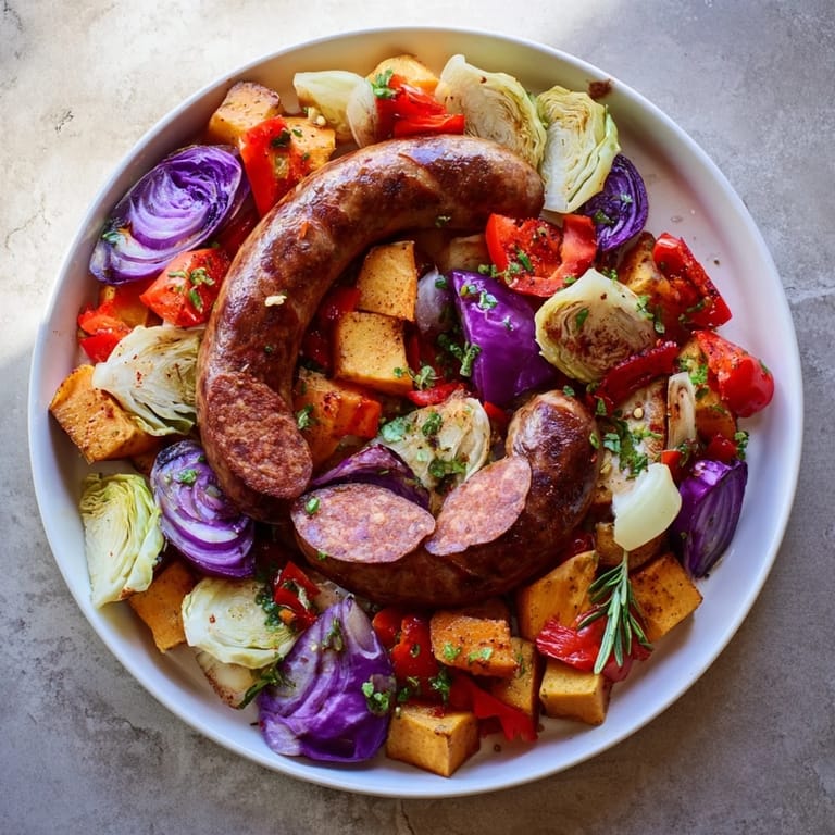 Roasted Italian sausages nestled amongst colorful autumn vegetables in the Hearty Sheet Pan Sausage.